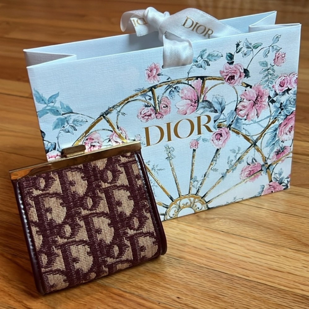 Dior Burgundy and Beige Monogram Compact Wallet